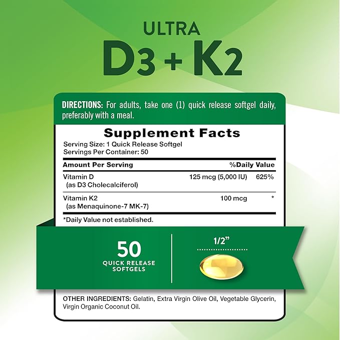Nature's Truth Vitamin K2 MK7 Complex | 100 mcg | 50 Softgels | with D3 | Non-GMO & Gluten Free Supplement