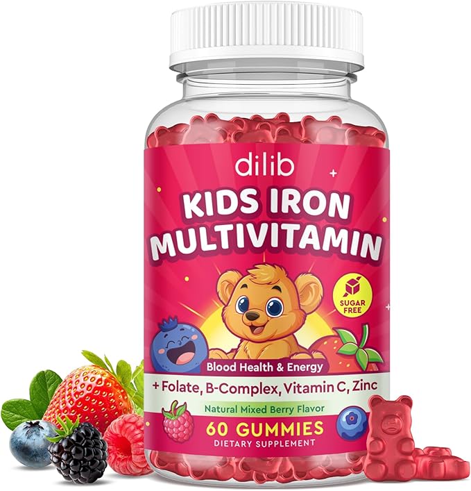 Iron Supplement Gummies for Kids, Kids Multivitamin with Iron Gummies - Zinc, Vitamin B Complex, A, C, D3, B12, Folate for Blood Builder & Energy Support, Iron Deficiency, Vegan Mixed Berry 60ct