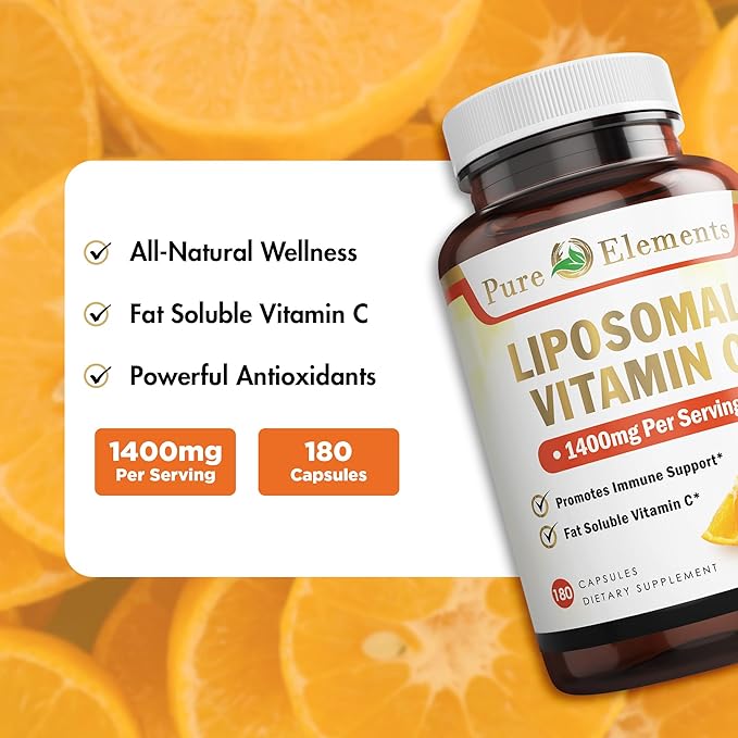 Pure O Elements Vitamin C Liposomal Supplement Capsules 180 Count – High Absorption Ascorbic Acid, Non-GMO, Soy Free, Gluten Free - Pure Vitamin C