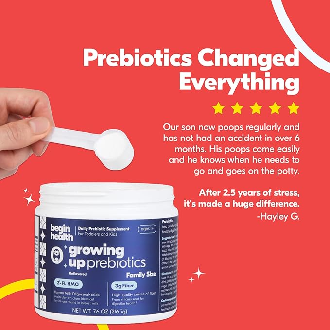 Begin Health Growing Up Prebiotics for Kids | Daily Prebiotic Fiber Supplement with 2'-FL HMO | Supports Regularity & Gut Health | Unflavored Powder | Ages 1+ | 56 Servings
