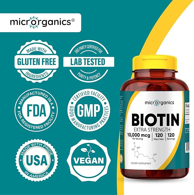 Biotin 10,000 mcg Extra Strength – Supports Hair, Skin & Nail Health, and Energy Metabolism – High Potency Vitamin B7 – 120 Vegan Capsules, 120 Servings
