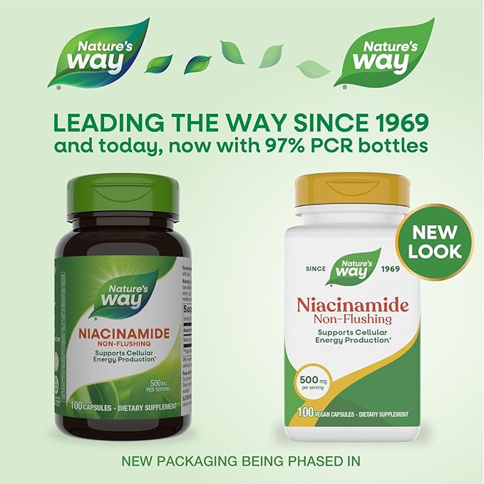Nature's Way Niacinamide, Non-Flushing Vitamin B3, Supports Cellular Energy*, 500 mg per Serving, 100 Capsules (Packaging May Vary)