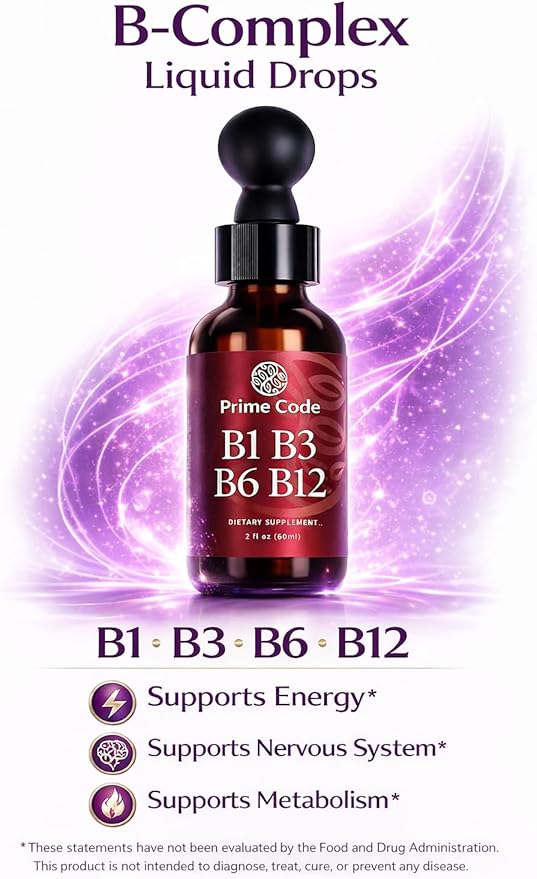 Prime Code Liquid Vitamin B1 Drops with Vitamin B3 B6 & B12 | B Complex Liquid Supplement | Thiamine Supplement for Adults | High Absorption | Immune Support | Non-GMO | Gluten-Free