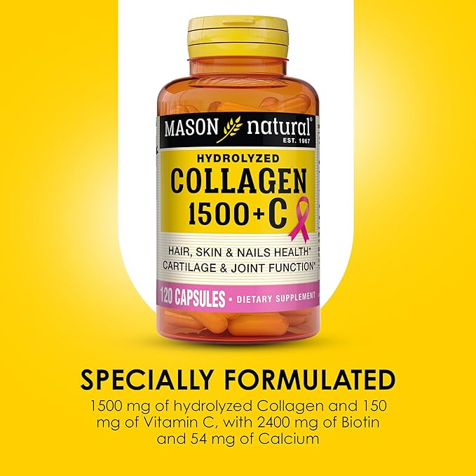 MASON NATURAL 1500mg Collagen with Vitamin C, Biotin, & Calcium, 40 Day Supply Capsules, Supplement for Hair, Skin, and Nails.