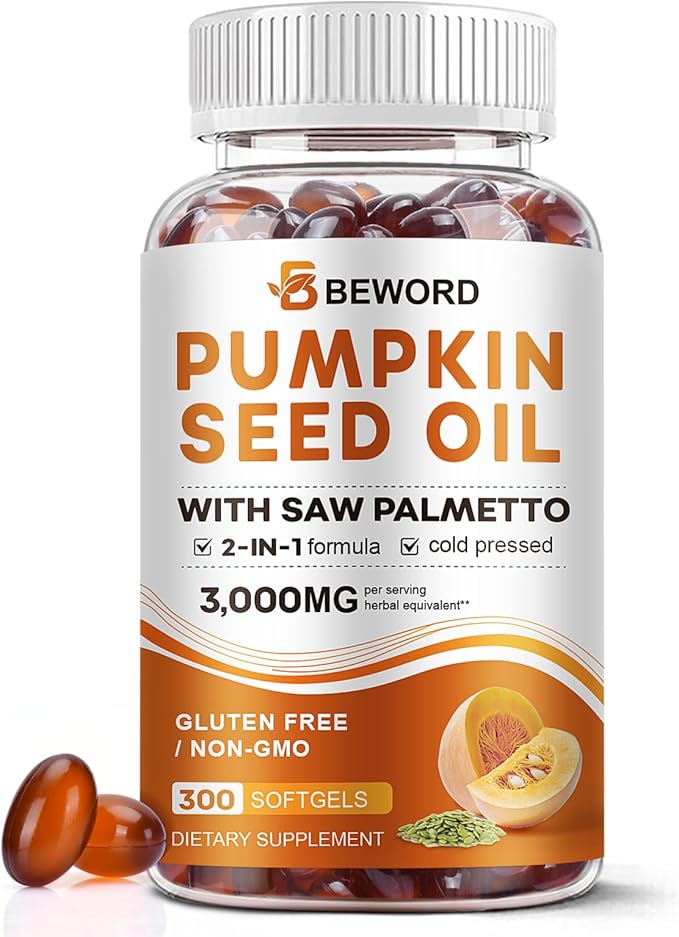 Pumpkin Seed Oil with Saw Palmetto Capsules, 3000mg/serving, 300/600 Softgels | Cold Pressed, Pure Virgin Oil, Essential Fatty Acids & Phytosterols | Supports Hair, Urinary, Bladder & Prostate Health