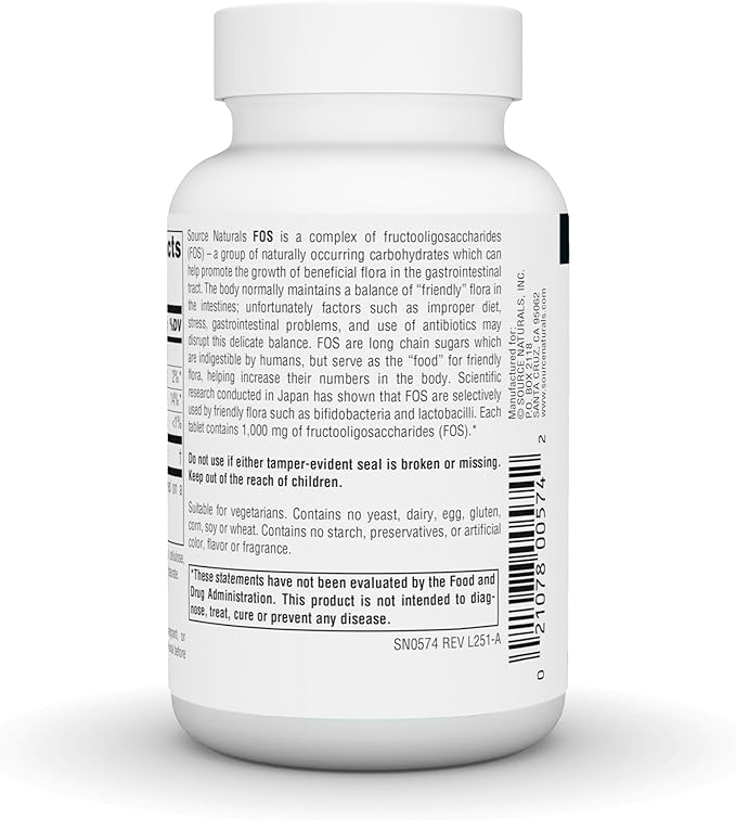 Source Naturals FOS 1000 mg Fructooligosaccharides Probiotic Enhancer - 50 Tablets