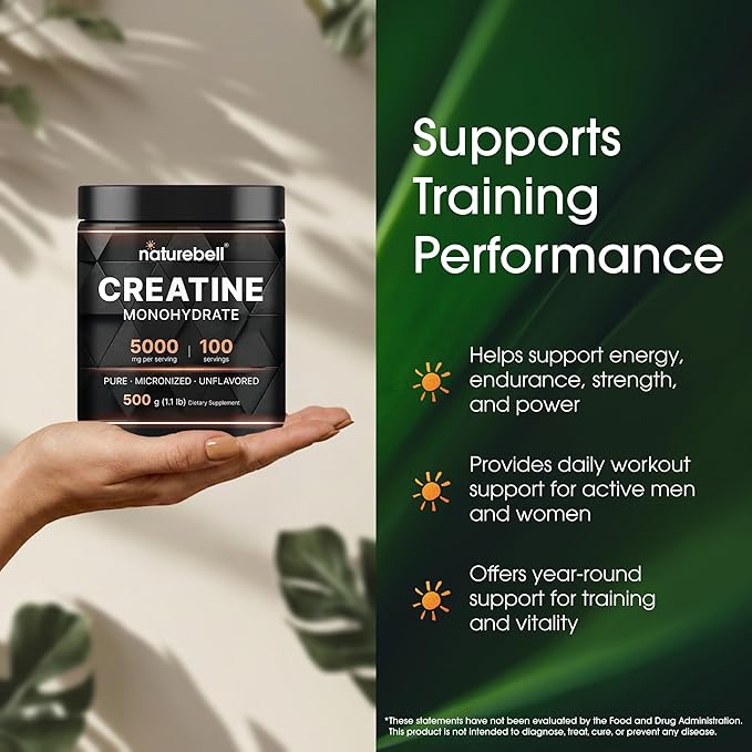 NatureBell Creatine Monohydrate Powder - 500g - Micronized Powder - Delivers 5,000mg Creatine Per Serving - Pre-Workout or Post-Workout Support* - Vegan & Keto Friendly - Unflavored