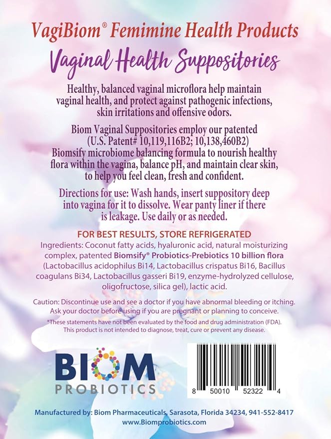 Biom Vaginal Probiotic Suppository: Natural Vaginal pH and Odor Control Regimen; Balance and Nourishes Vaginal Microbiome; No Parabens, Fragrance-Free (30)