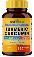 SANDHUHERBALS Organic Turmeric Curcumin 120 Capsules with Bioperine Black Pepper Extract Supplement | 1500mg with 95% Curcuminoids | Immune Support