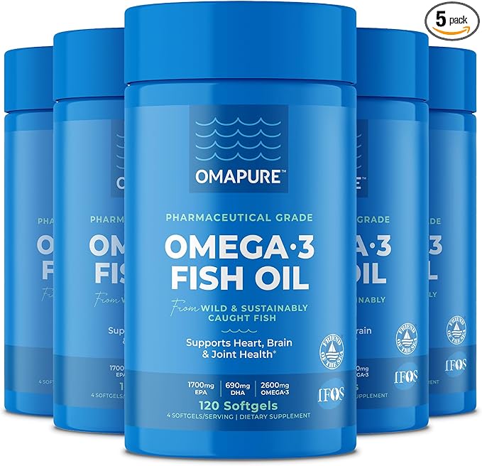 OMAPURE Fish Oil Supplements with Omega 3 Fatty Acids (5 Bottle, 120 Softgels) - High EPA, DHA, & IFOS Fish Oil Pills Support Heart & Joint Health - Burpless - Promotes Brain Function