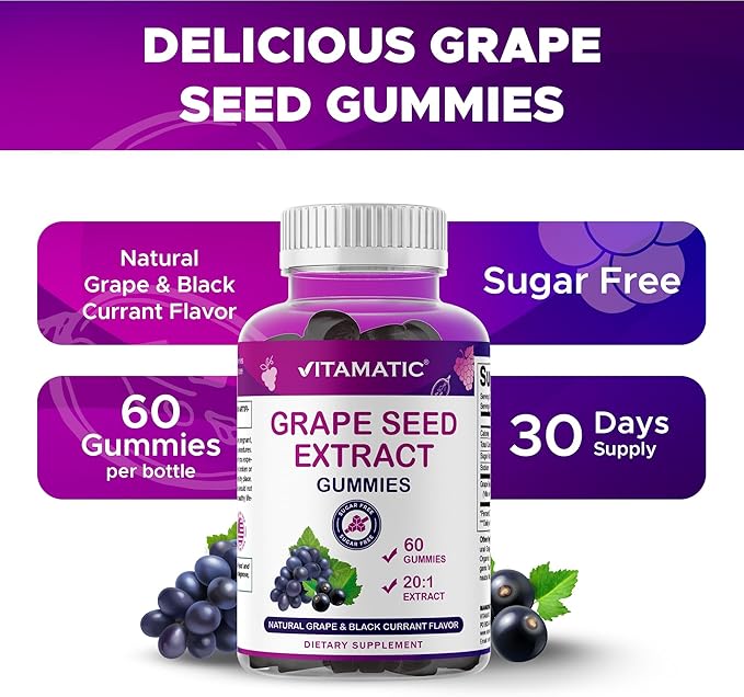 Vitamatic Grape Seed Extract Gummies – Plant-Based Botanical Extract – Natural Grape & Black Currant Flavor – Vegan, Non-GMO – Herbal Supplement – 60 Gummies