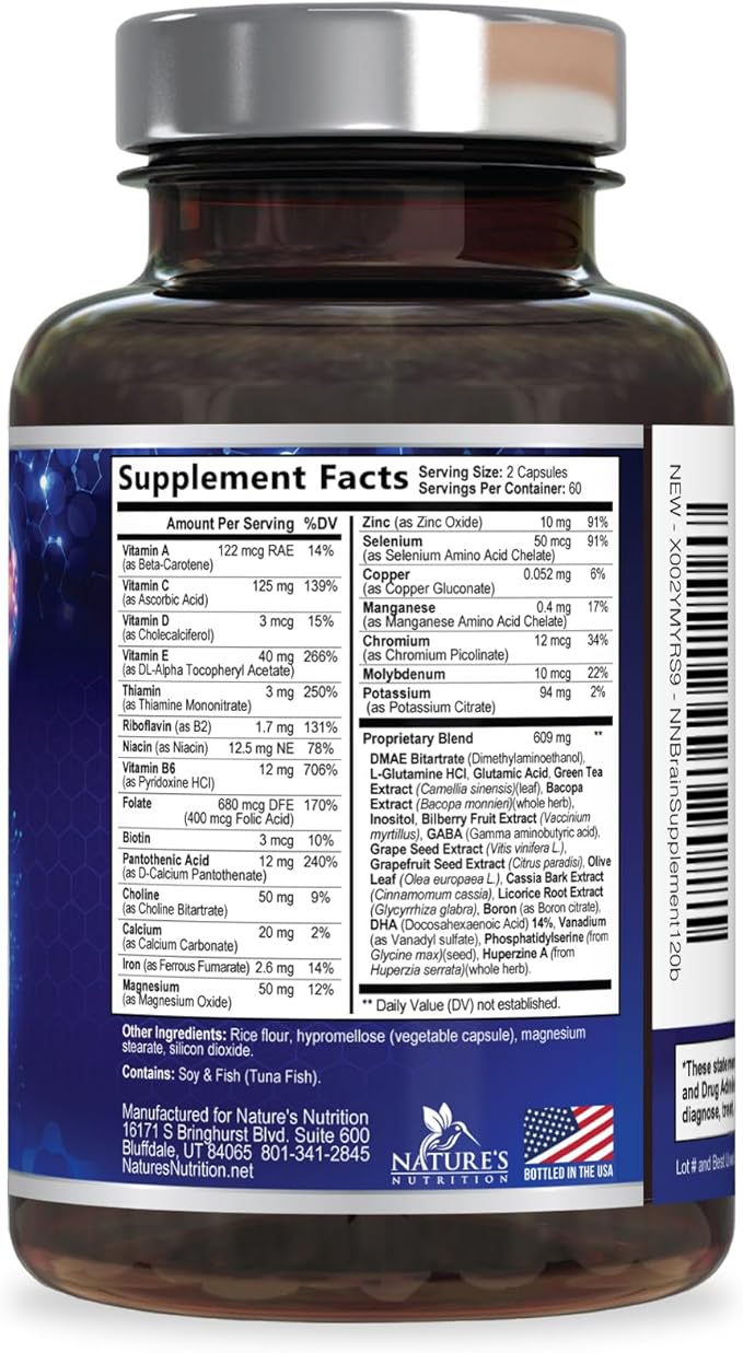 Brain Memory Supplement Pills - 3X Strength Nootropics for Concentration, Clarity & Focus Support - Brain Health Cognitive Vitamins with Bacopa, Phosphatidylserine & DMAE, Brain Booster - 120 Capsules