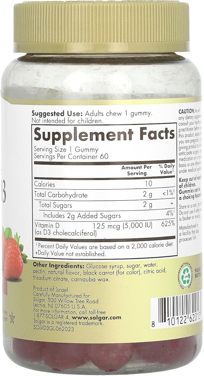 Solgar Vitamin D3 Gummies for Adults 5,000IU Ultra Potency Vitamin Immune System Support for Women & Men - Tasty Strawberry Flavor, Gluten & Gelatin Free Gummy, 2 Month Supply, 60 Servings, 2g Sugar