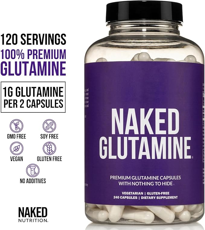 NAKED L-Glutamine Muscle Recovery Capsules, 1000mg, 240 Count, Made in The USA, Non-GMO, Gluten and Soy Free