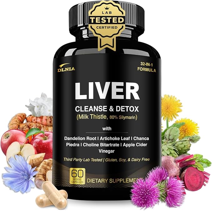 DLNIA 32 in 1 Liver Cleanse Detox & Repair Formula with Apple Cider Vinegar, Milk Thistle Supplement, Artichoke, Dandelion Root Supplement - Non-GMO & Vegan Herbal Liver Support & Repair
