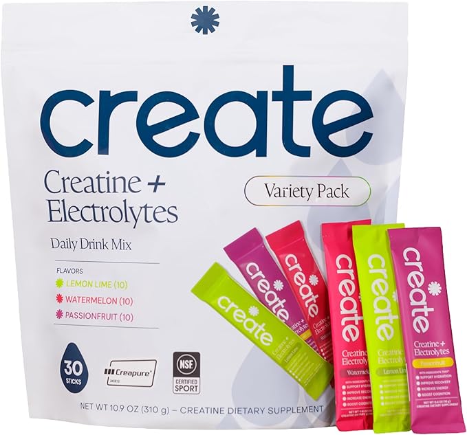 Create Creatine + Electrolytes Mix - Creatine Monohydrate Stick Packs, Supports Energy and Hydration, NSF Certified for Sport, 30 Count, Variety Pack