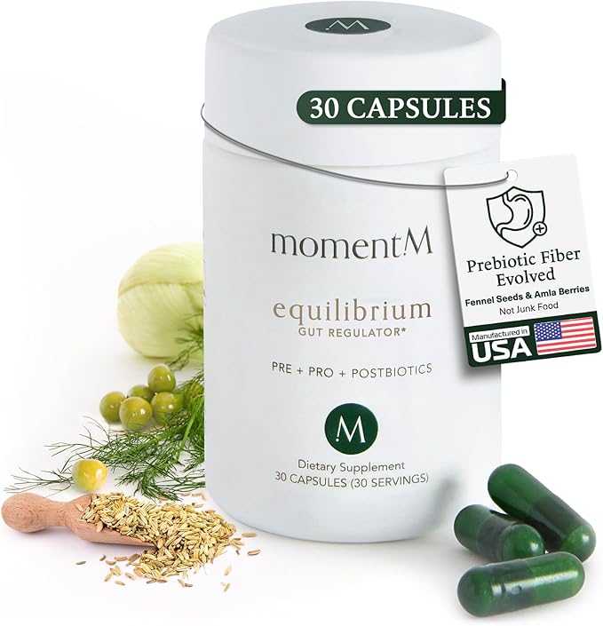 momentM Equilibrium 3-in-1 Probiotics for Women & Men Digestive Health, Prebiotics and Probiotics for Women with HOWARU Strains, Postbiotics & Fennel for Bloat & Gut Health,12.5B CFU, 30 Capsules