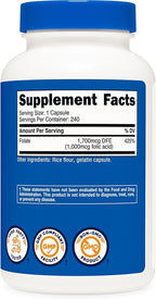 Nutricost Folic Acid (Vitamin B9) 1000 mcg, 240 Capsules (2 Bottles)