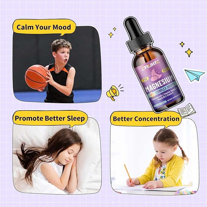 Kids Magnesium Liquid Drops-Magnesium Glycinate Liquid for Kids Supplement-w/L-theanine, Omega-3, Vitamin B6, D3 - for Sleep, Relaxation, Brain, Bones - Peach Flavor, 2 Fl Oz