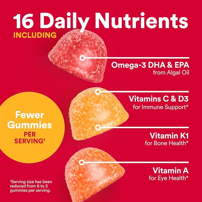 SmartyPants Multivitamin for Men & Women, Multivitamin Gummies with Omega 3 (DHA/EPA), Vitamin D3, C, Vitamin B12, B6, A, K & Zinc, Biotin, Gluten Free, 90 Count (30 Day Supply)