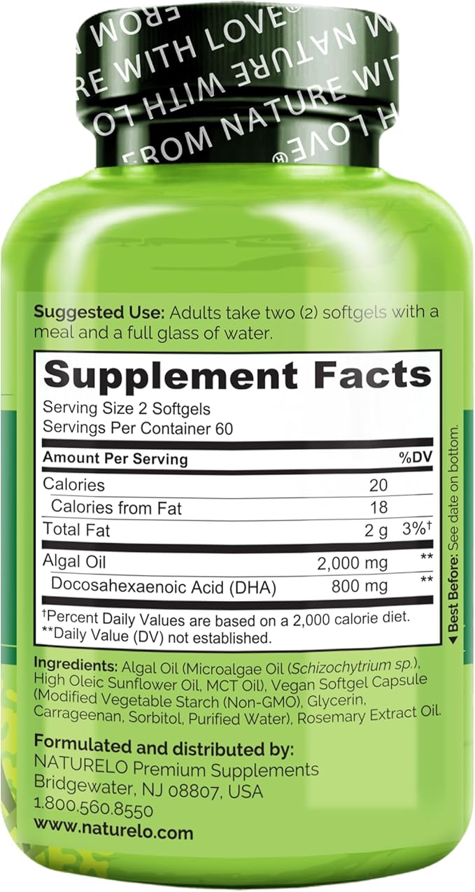 NATURELO Vegan DHA, Vegan Omega 3 Supplement, 120 Softgels, Supports Brain/Heart/Eye Health, Complements Prenatal Vitamins, Essential Fatty Acids, Omega 3 Supplement for Women & Men