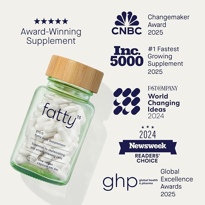 Fatty15 C15:0 Pentadecanoic Acid Supplement The Longevity Nutrient - 180 Vegan Capsules - 3X Cellular Benefits of Fish Oil EPA Omega 3 Supplements - Liver Support & Mitochondrial Health