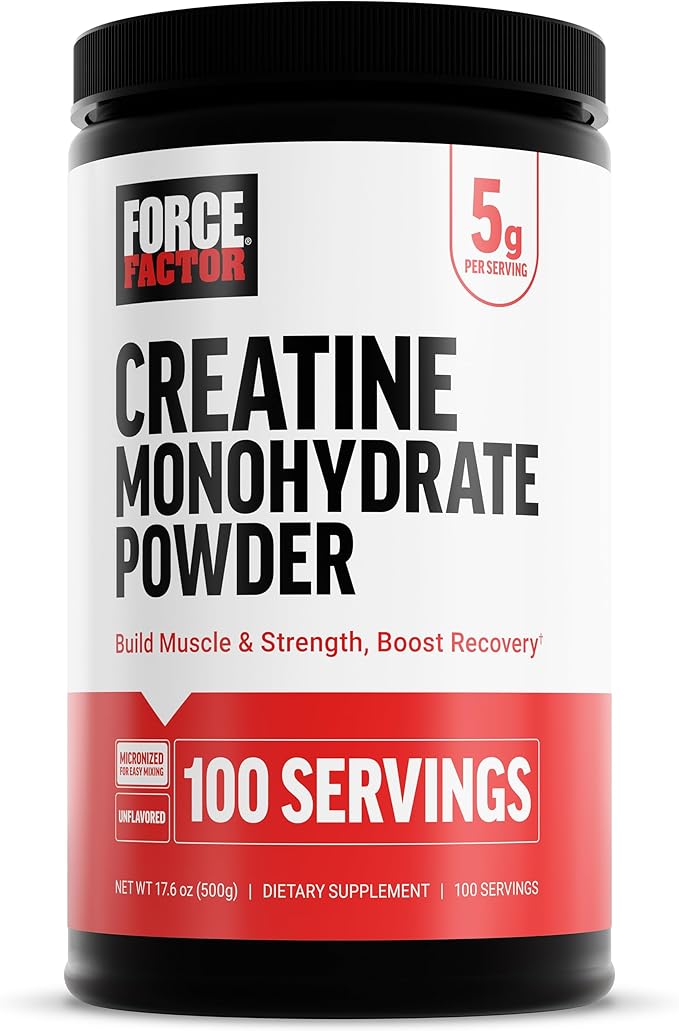 Force Factor Creatine Monohydrate Micronized Powder 500G, 5g Dose to Support Muscle Growth, Strength, Recovery, Cognitive Health & Memory, Unflavored, 100 Servings, 17.6 Oz