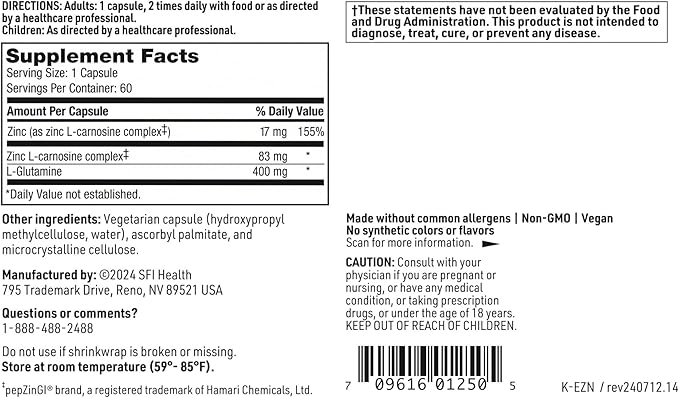 SFI Health Klaire Labs Endozin - Zinc Carnosine Complex with L-Glutamine to Support Intestinal Barrier Function, Hypoallergenic (60 Capsules)