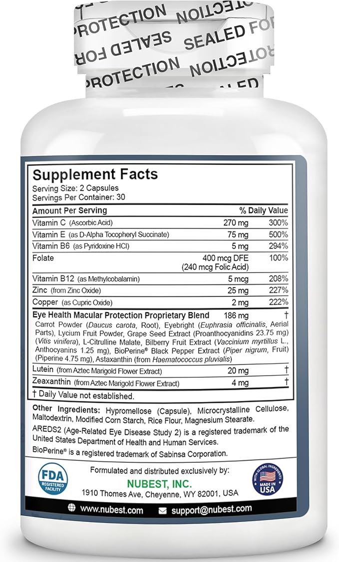 NuBest AREDS 2 Eye Vitamins with Beta Carotene Carrot Powder, 20mg Lutein, 4mg Zeaxanthin, Bilberry, Grape Seed, BioPerine, B-Complex, Multivitamin for Eye Health | Pack 2