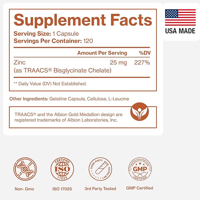 Pure Zinc Supplement 25mg - TRAACS Bisglycinate Chelate - 120 Capsules for Immune Support, Skin Health & Energy - for Men & Women