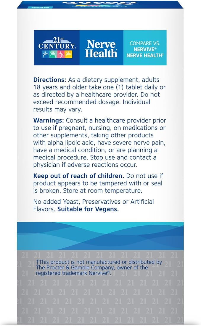 21st Century Nerve Health Tablets (30 Count), Alpha Lipoic Acid 300mg, B1, B6, & B12 Vitamins for Nerve Function Support, Antioxidant ALA Supplement, Gluten Free. Non-GMO, & Vegan