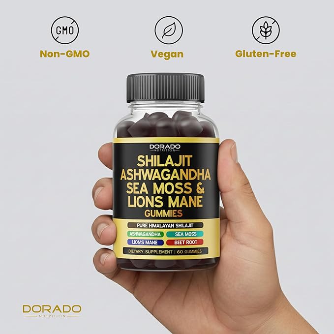 Shilajit Gummies with Sea Moss, Ashwagandha & Lions Mane - (Shilajit Supplement for Men & Women, Energy & Immunity Support ) Third Party Tested, Vegan Safe, NON GMO & Made in USA (60 Gummies)