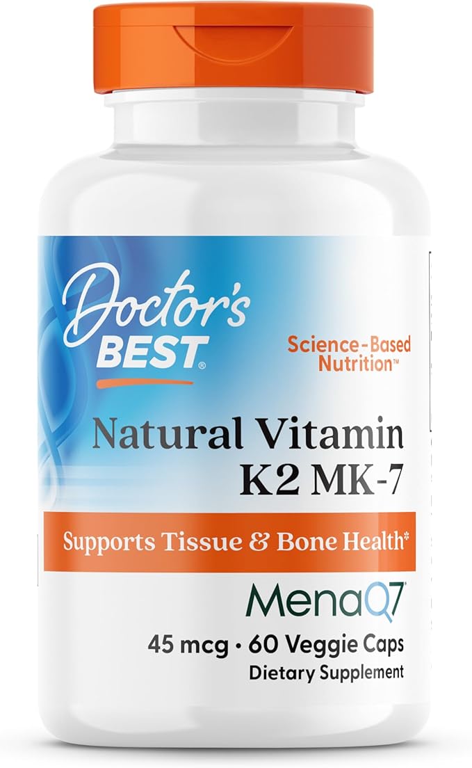 Doctor's Best Natural Vitamin K2 MK7 Supplement for Men & Women - Bone Health Support, 45 mcg Vitamin K-2 MK-7 Capsules with MenaQ7, Calcium Support, Non GMO, Vegan - 60 Veg Caps