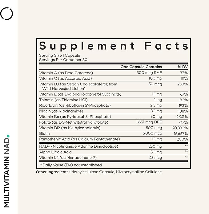 Codeage Multivitamin NAD Supplement - NAD+ Energy & Healthy Aging Support - Vitamin D3 K2, P5P, Methylated B12, Alpha Lipoic Acid, Folate, Riboflavin, Biotin, B Complex Pills - Non-GMO - 30 Capsules