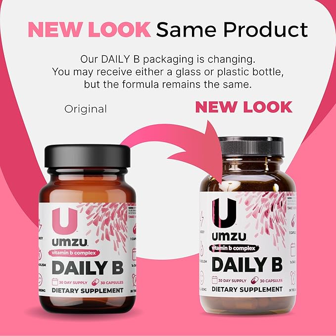 UMZU Daily B, 30 Day Supply – Complete Vitamin B Complex Supplement Blend with B1, B2, B3, B5, B6, B7, B9 & B12 Plus Folic Acid & Biotin – Supports Energy, Focus, Mood, Metabolism & Overall Wellness