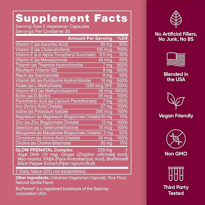 Eu Natural Glow Prenatal Vitamins for Women - 20-in-1 Prenatal Multivitamin with Folate & Vegan DHA - Supports Healthy Pregnancy, Fetal Development & Mom’s Comfort - 60 Vegetarian Capsules