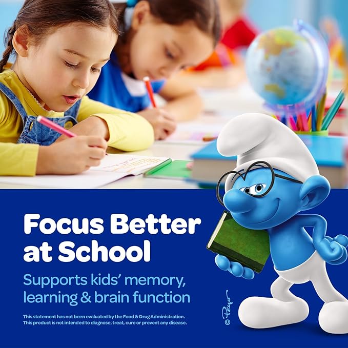 The Smurfs Nootropic Gummies for Kids with Vitamin B12 & L-Theanine | Laser Focus Gummy for Focus and Memory Supplements | Made with Real Fruit in a Smurf Berry | Doctor Developed | 60 Vegan Gummies