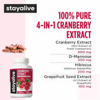 STAY ALIVE Cranberry Pills for Women and Men 1000mg with D-mannose, Hibiscus and Grapefruit Seed Extract, 120 Count, D-mannose Cranberry Supplement, Vegan, Non-GMO & Gluten-Free Powder Capsules