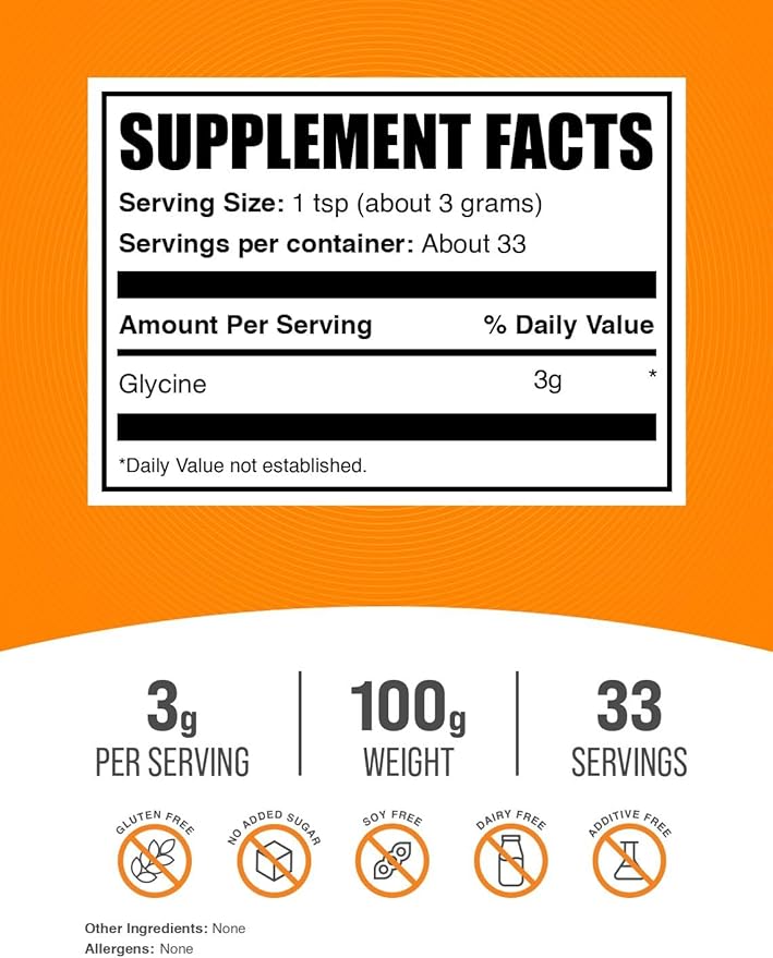 BulkSupplements.com Glycine Powder - Glycine Supplements, Amino Acid Supplement - Unflavored & Gluten Free, 3g per Serving, 100g (3.5 oz) (Pack of 1)