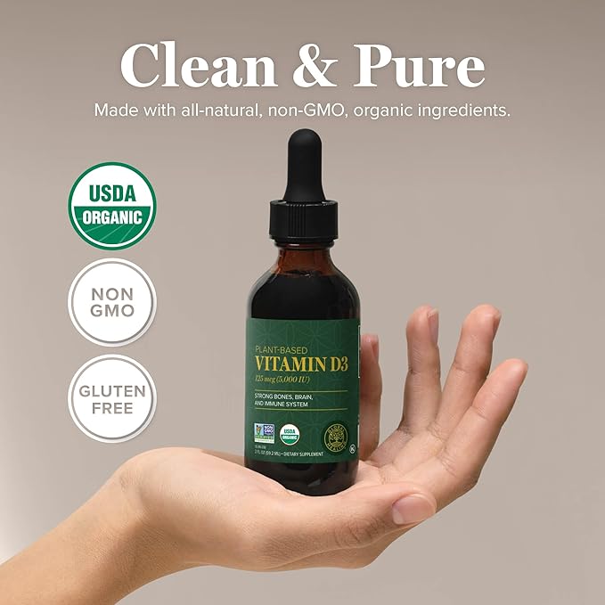 Global Healing Organic Vitamin D3 5000 IU Supplement - Vegan Vitamin D Supplements for Immune Health & Strong Bones Support - Pure D3 Vitamin 5000 IU Ingredients, Vit D3 - 2 Fl Oz