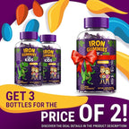 Iron Dinosaur Gummies for Kids with Vitamin C | Sugar-Free, Vegan, Gluten-Free & Non-GMO | Anemia Relief, Energy & Blood Health Support | Grape Flavor, Pectin-Based for Optimal Health