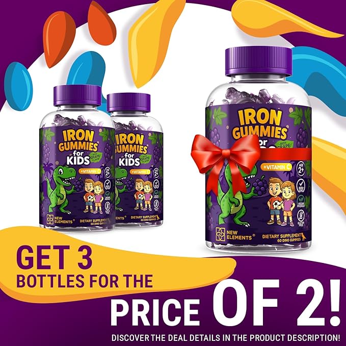 Iron Dinosaur Gummies for Kids with Vitamin C | Sugar-Free, Vegan, Gluten-Free & Non-GMO | Anemia Relief, Energy & Blood Health Support | Grape Flavor, Pectin-Based for Optimal Health