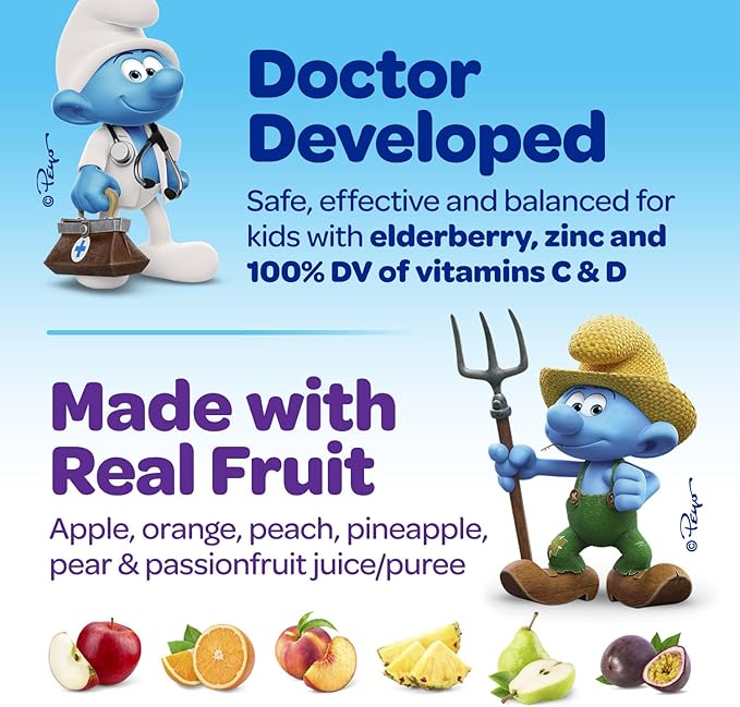 The Smurfs Immune Support Supplement Vitamins for Kids with Elderberry, Zinc, Vitamin C & D for Immune Defense Age 3+ | Made with Real Fruit in a Smurf Berry | Doctor Developed & Non-GMO | 80 Gummies