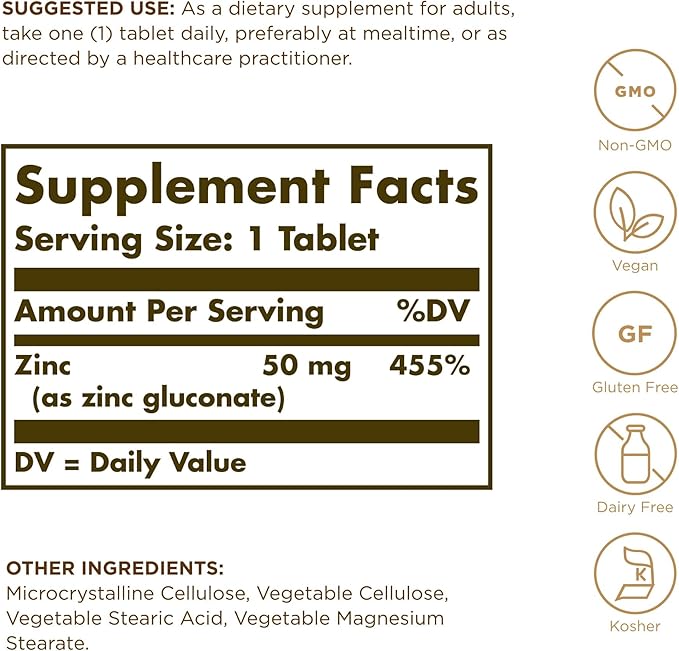 Solgar Zinc 50 mg, 100 Tablets - Zinc for Healthy Skin, Taste & Vision - Immune System & Antioxidant Support - Supports Cell Growth & DNA Formation - Non GMO, Vegan, Gluten Free - 100 Servings