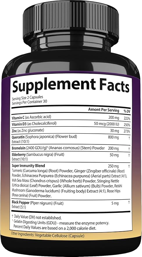 Quercetin with Bromelain, Elderberry, Vitamin C, D3 and Zinc. Super Immune Support Supplement. Organic Complex for Men & Women, Non-GMO, Gluten-Free, Vegan, USA