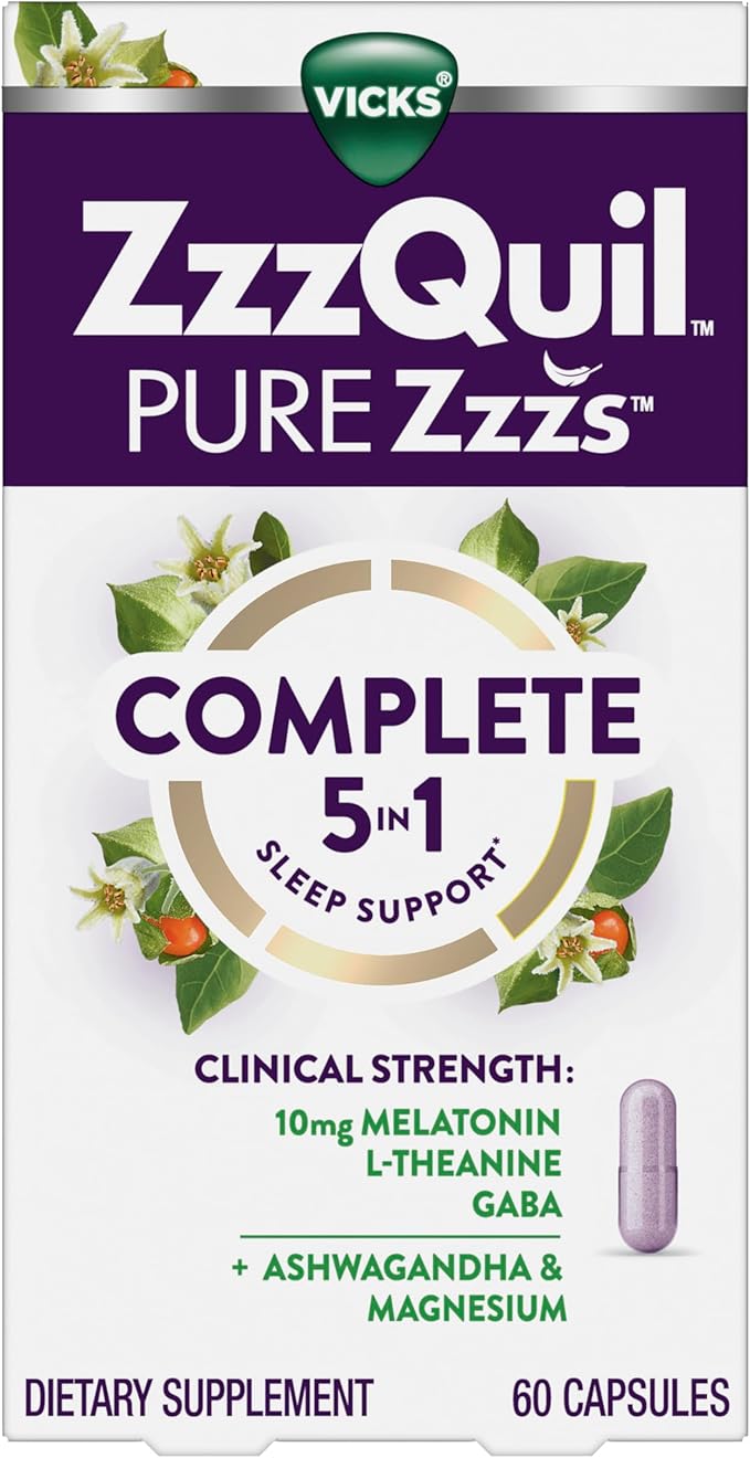 ZzzQuil Pure Zzzs Complete Sleep, Melatonin 10mg, L-Theanine, GABA, with Ashwagandha, and Magnesium, Melatonin Sleep Aid, 60 Count
