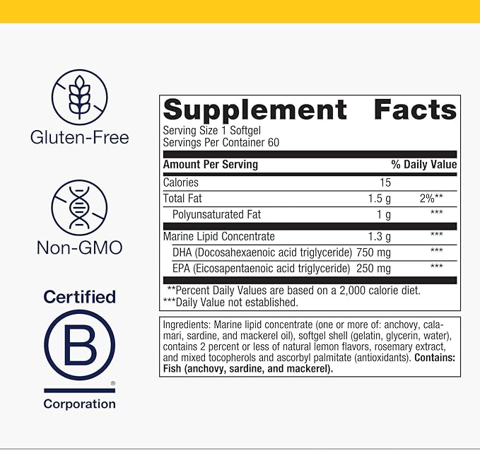 Metagenics OmegaGenics Fish Oil Neuro 1000 mg Omega Supplement for Brain Health & Function* - 750 mg DHA & 250 mg EPA - with No Fishy Taste - Sustainably Sourced - Non-GMO & Gluten-Free - 60 Softgels
