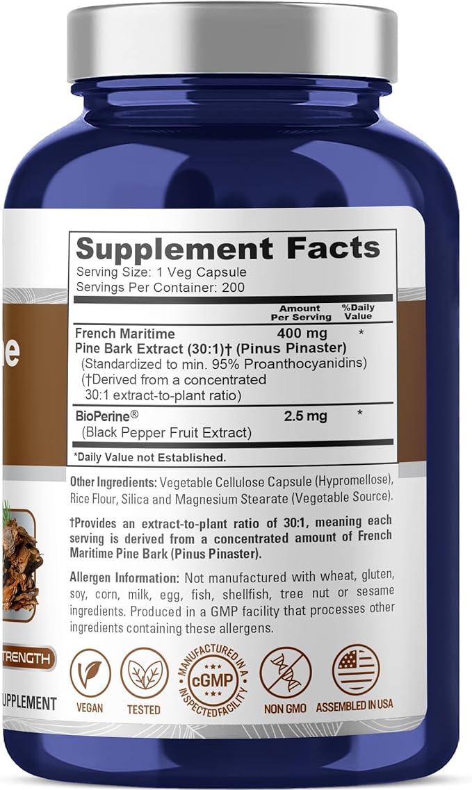 NusaPure French Maritime Pine Bark Capsules, 400 mg, 200 Veg Capsules (Non-GMO, Vegan)