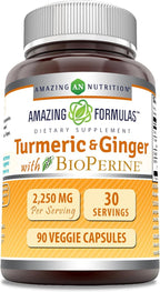 Amazing Formulas Turmeric Curcumin & Ginger with BioPerine Supplement | 2250 Mg | 90 Veggie Capsules | Non-GMO | Gluten Free | Made in USA