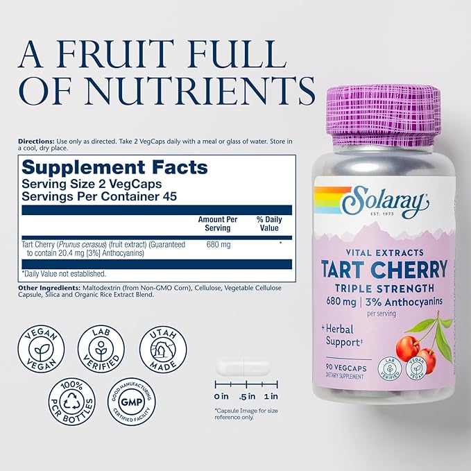 SOLARAY Triple Strength Tart Cherry Extract with 3% Anthocyanins - Tart Cherry Capsules for Healthy Uric Acid Levels and Muscle Recovery Support, Vegan, 60-Day Guarantee, 45 Servings, 90 VegCaps